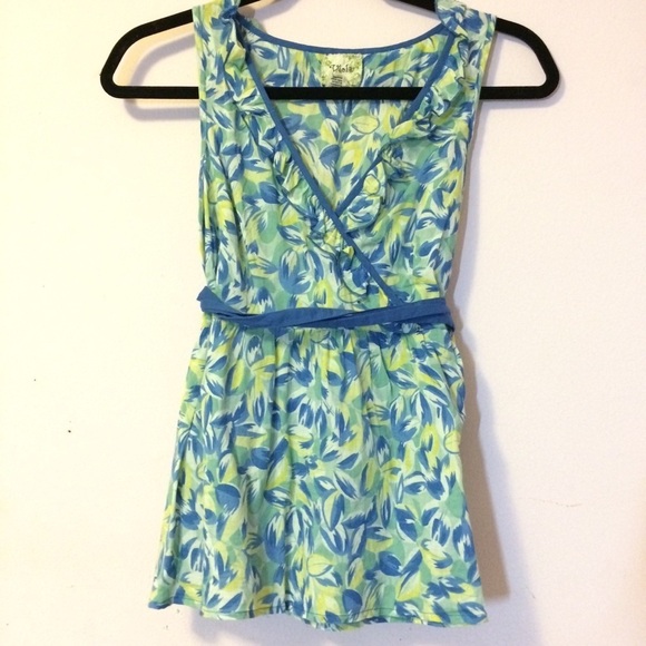 3/$30 ANTHROPOLOGIE VIOLA WATERCOLOR PAINT PAINTERLY RUFFLE TIE WAIST TOP sz 0 - Picture 3 of 10